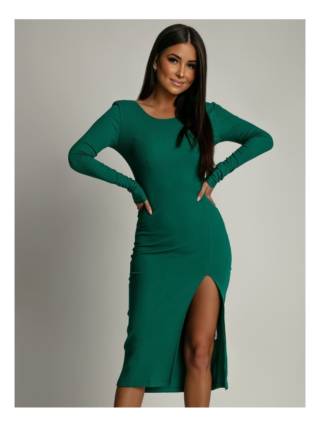 Rochie cu nervuri cu decolteu la spate, verde FG673